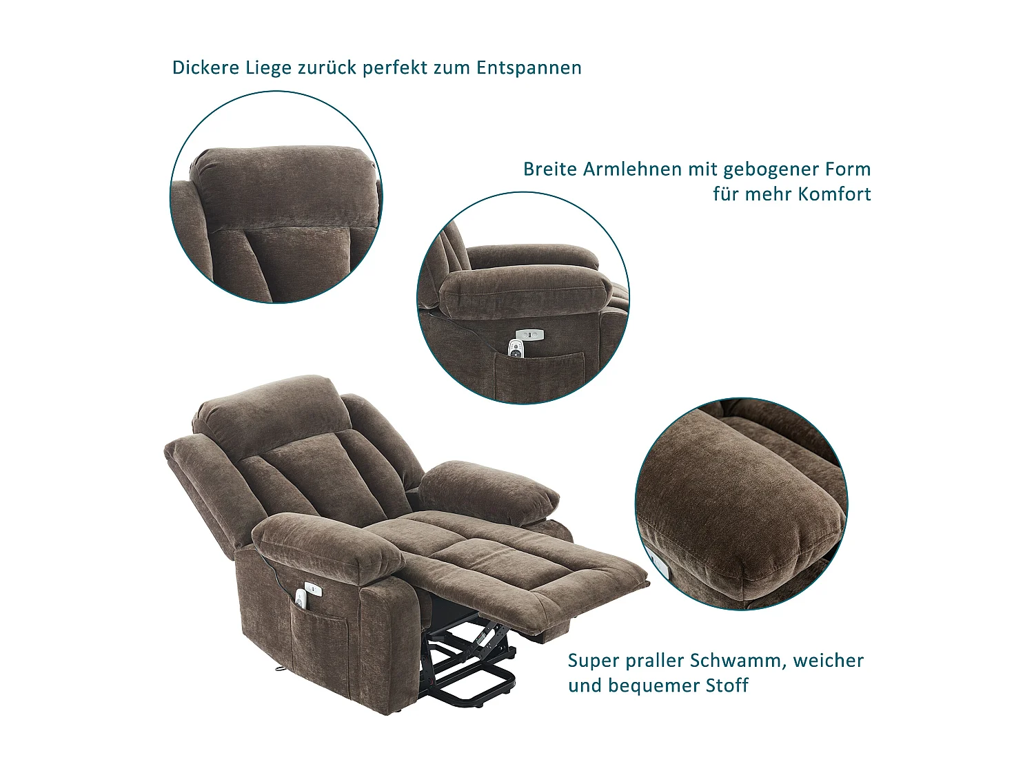 Fotel masujący elektryczny - 95 x 94 x 107 cm - z 8-punktowym masażem + funkcją podgrzewania i podnoszenia - materiałowy - brązowy