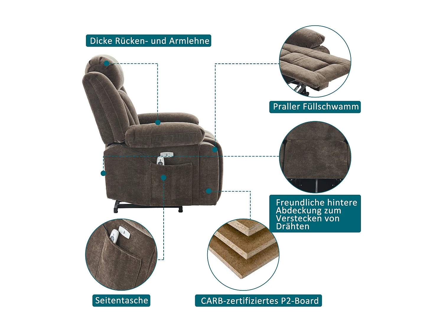 Fotel masujący elektryczny - 95 x 94 x 107 cm - z 8-punktowym masażem + funkcją podgrzewania i podnoszenia - materiałowy - brązowy