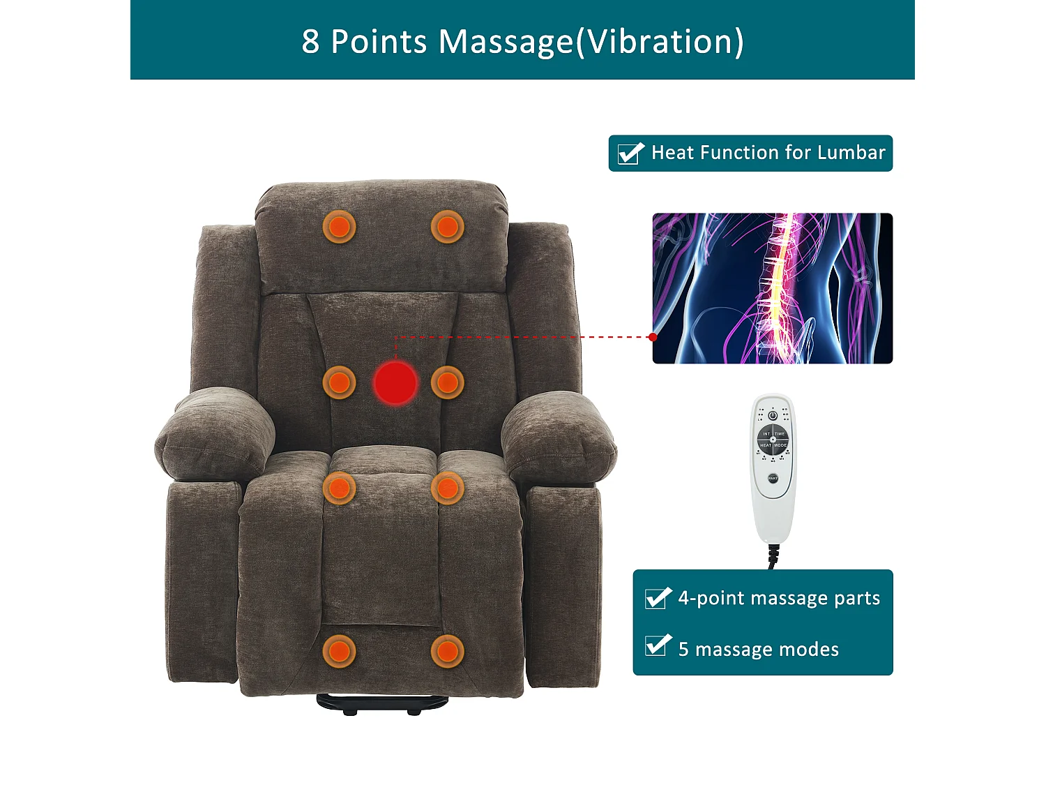 Fotel masujący elektryczny - 95 x 94 x 107 cm - z 8-punktowym masażem + funkcją podgrzewania i podnoszenia - materiałowy - brązowy