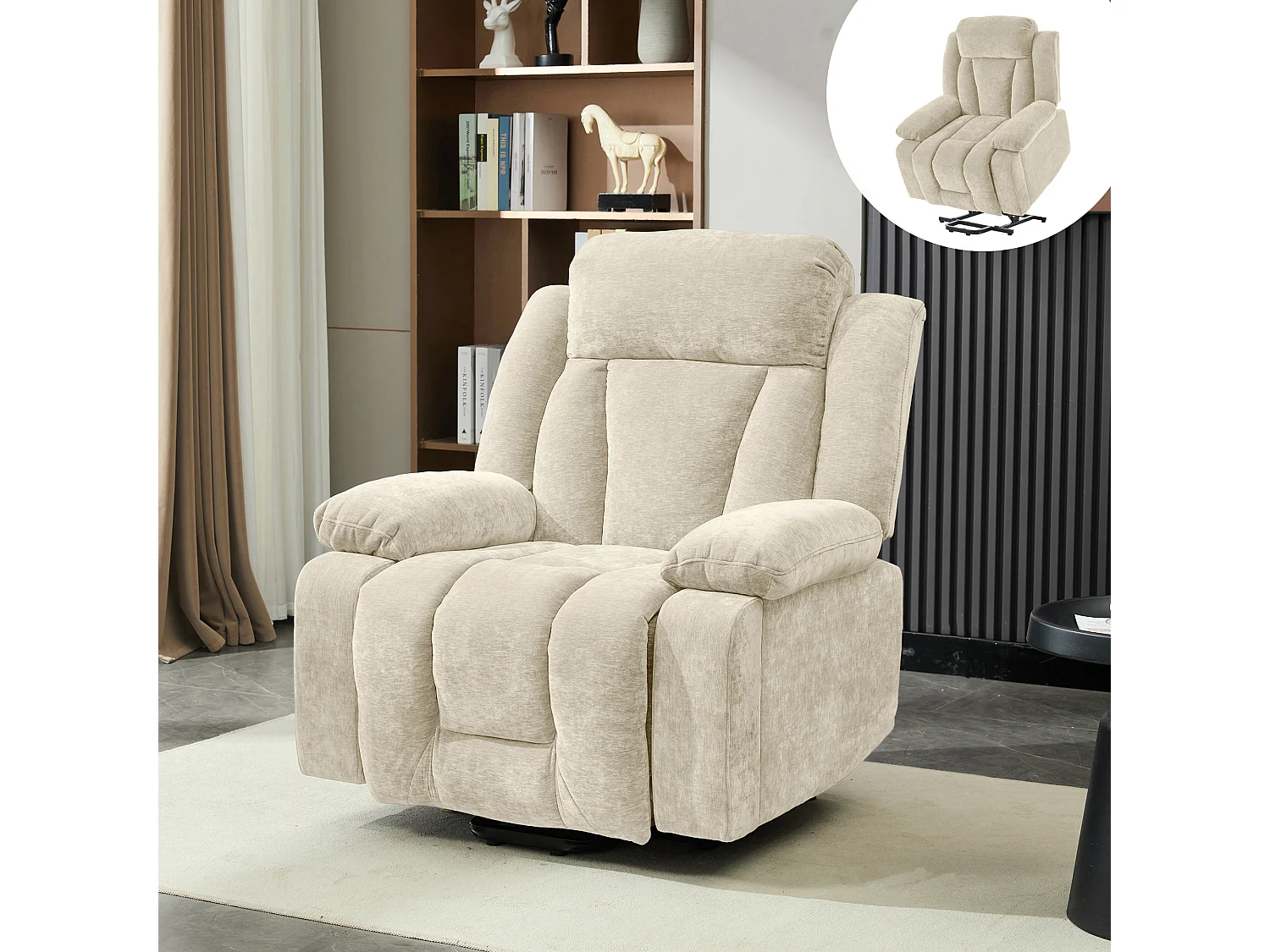 Fotel masujący elektryczny - 95 x 94 x 107 cm - z 8-punktowym masażem + funkcją podgrzewania i podnoszenia - materiałowy - beżowy