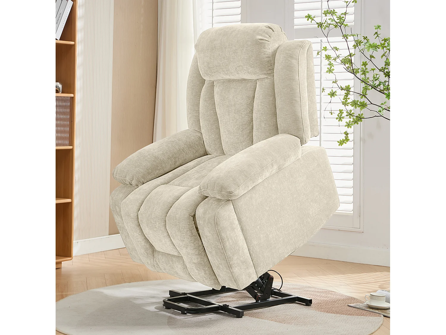 Fotel masujący elektryczny - 95 x 94 x 107 cm - z 8-punktowym masażem + funkcją podgrzewania i podnoszenia - materiałowy - beżowy