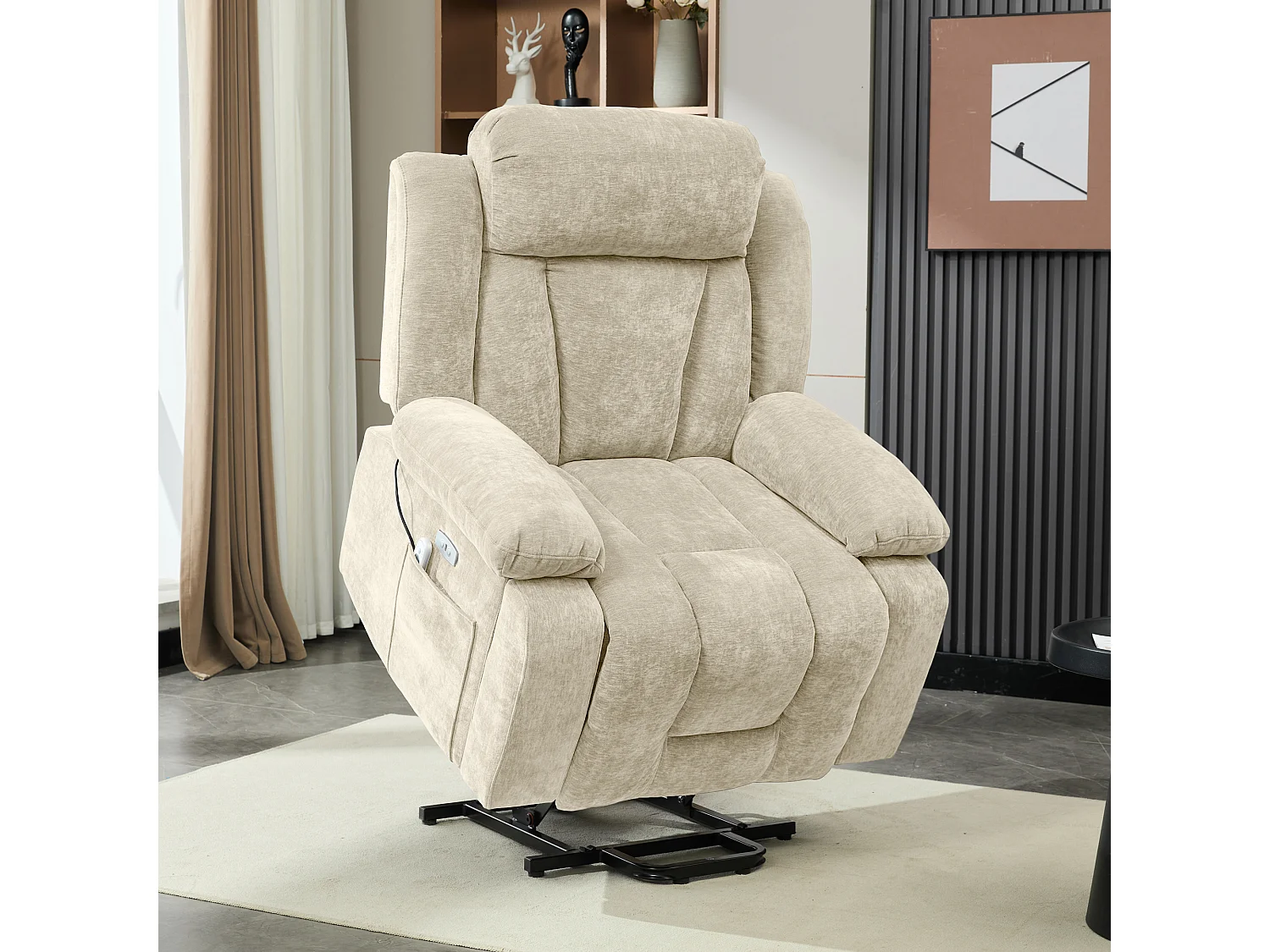 Fotel masujący elektryczny - 95 x 94 x 107 cm - z 8-punktowym masażem + funkcją podgrzewania i podnoszenia - materiałowy - beżowy