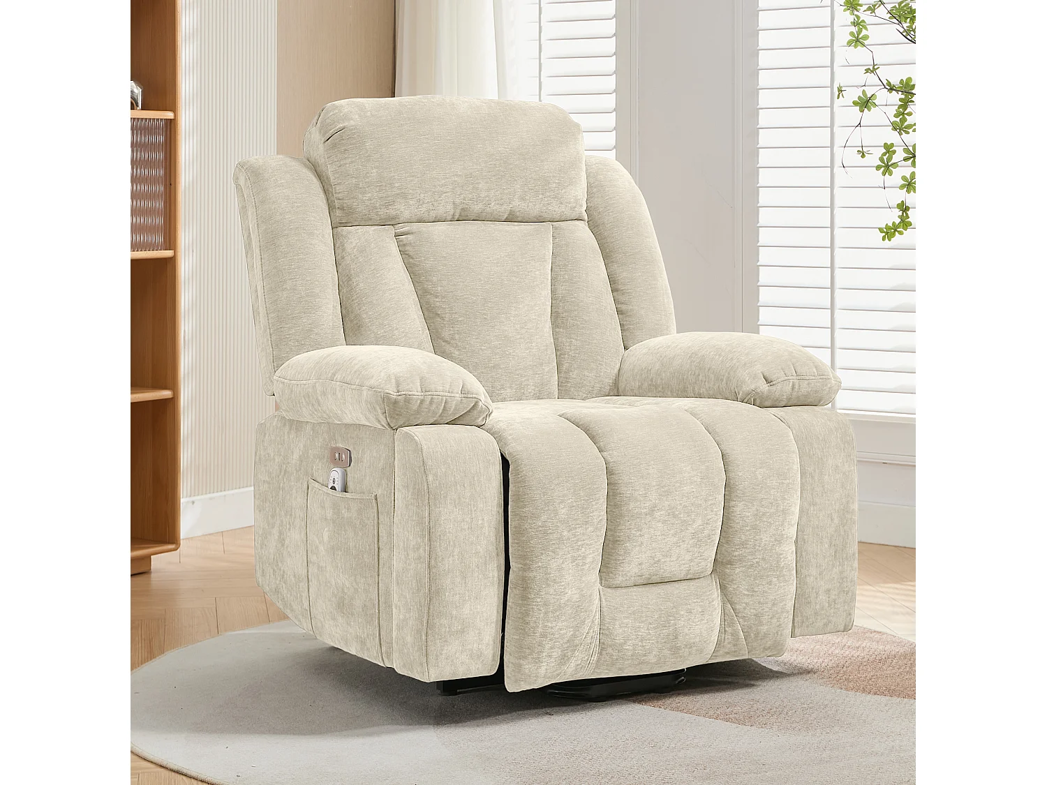 Fotel masujący elektryczny - 95 x 94 x 107 cm - z 8-punktowym masażem + funkcją podgrzewania i podnoszenia - materiałowy - beżowy