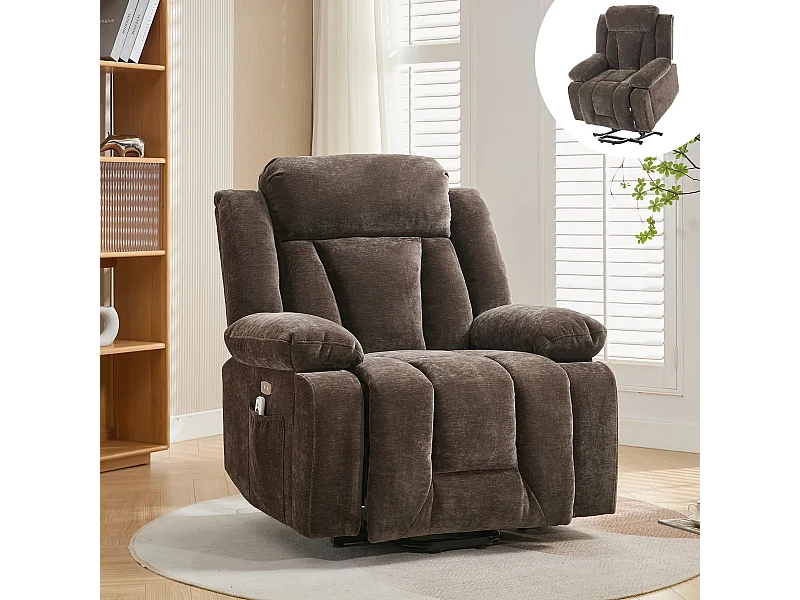 Fotel masujący elektryczny - 95 x 94 x 107 cm - z 8-punktowym masażem + funkcją podgrzewania i podnoszenia - materiałowy - brązowy