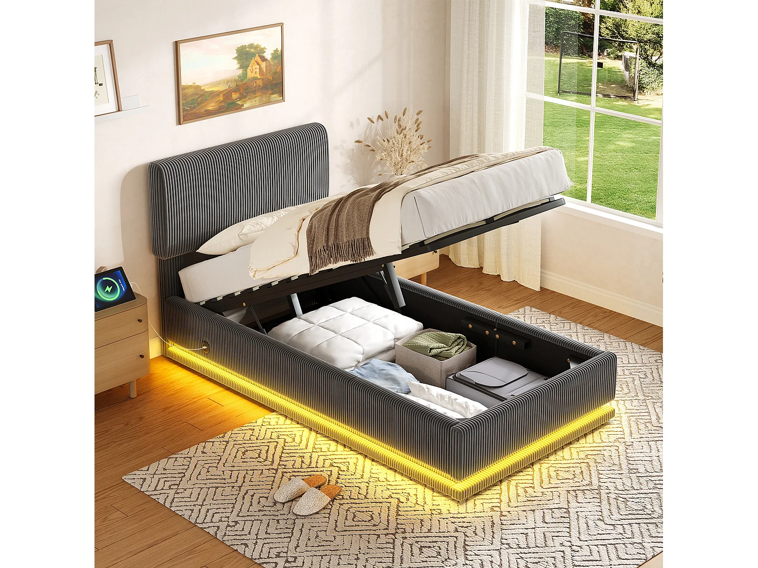 Lit coffre hydraulique capitonné - 90 x 200 cm - avec Leds + USB + tête de lit réglable - velours - gris