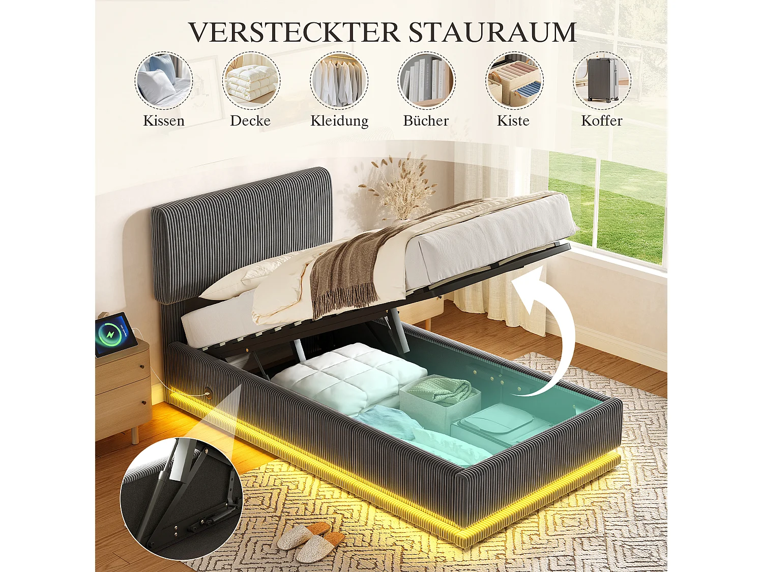 Lit coffre hydraulique capitonné - 90 x 200 cm - avec Leds + USB + tête de lit réglable - velours - gris