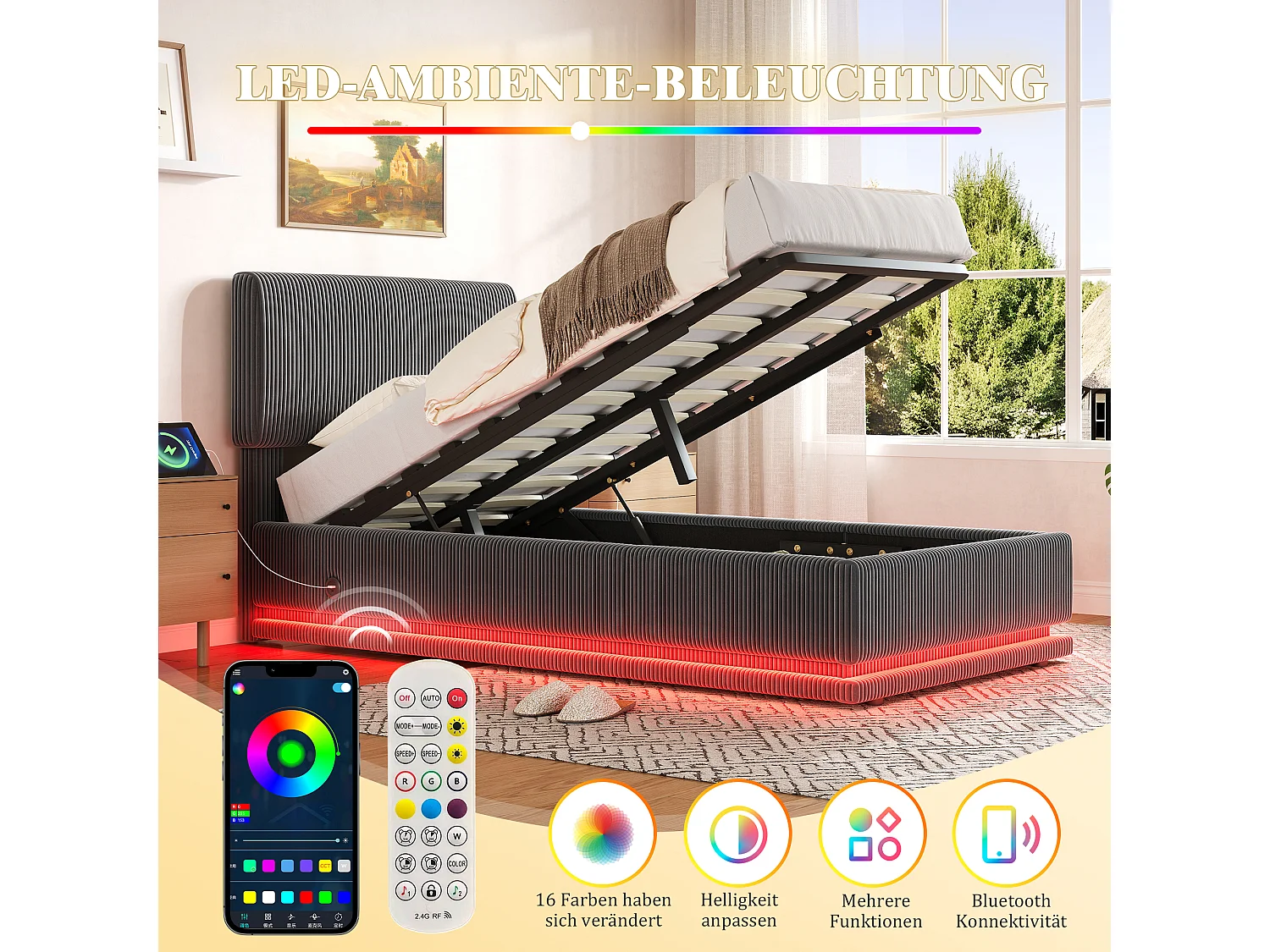 Lit coffre hydraulique capitonné - 90 x 200 cm - avec Leds + USB + tête de lit réglable - velours - gris