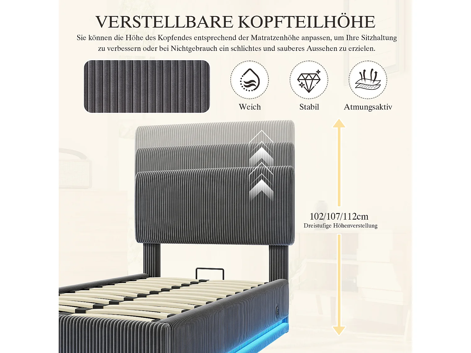 Lit coffre hydraulique capitonné - 90 x 200 cm - avec Leds + USB + tête de lit réglable - velours - gris