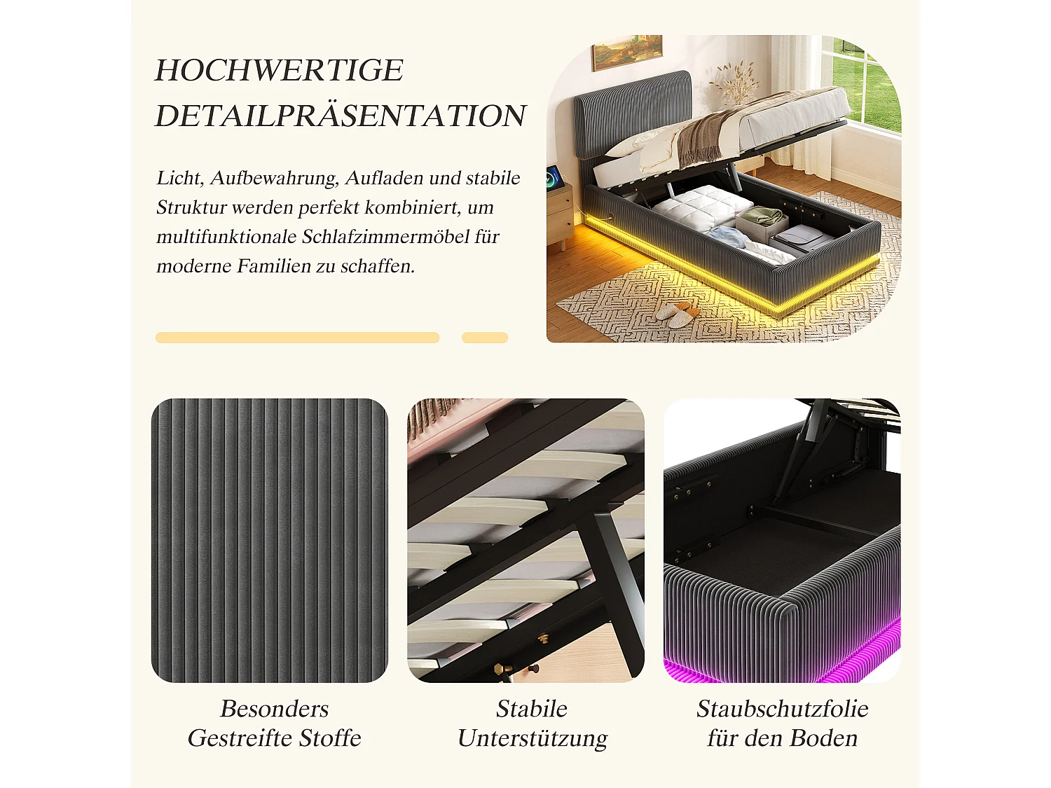 Lit coffre hydraulique capitonné - 90 x 200 cm - avec Leds + USB + tête de lit réglable - velours - gris