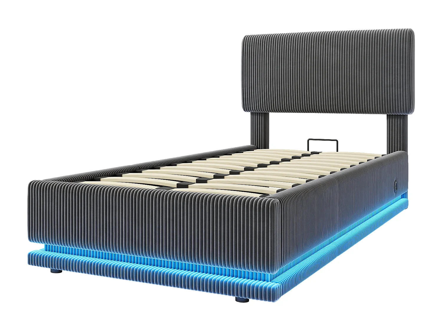 Lit coffre hydraulique capitonné - 90 x 200 cm - avec Leds + USB + tête de lit réglable - velours - gris