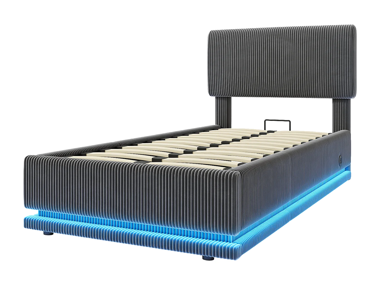 Lit coffre hydraulique capitonné - 90 x 200 cm - avec Leds + USB + tête de lit réglable - velours - gris