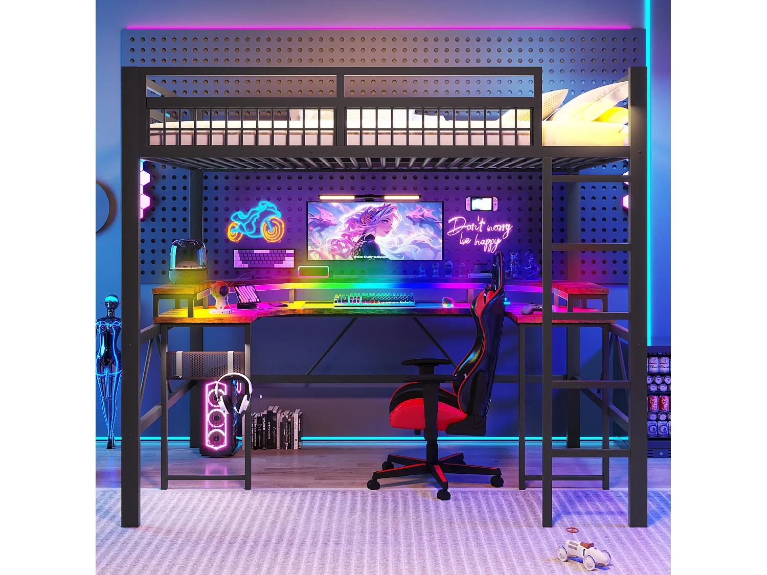Lit mezzanine pour enfant - 140 x 200 cm - structure en fer - avec Leds + bureau + USB + prise - métal - noir
