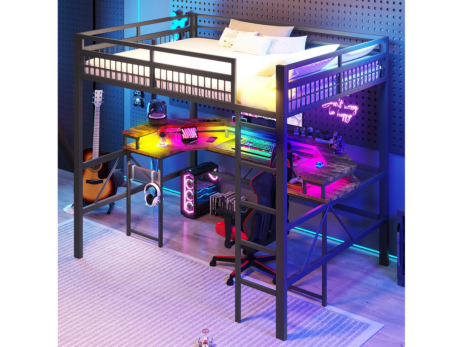Lit mezzanine pour enfant - 140 x 200 cm - structure en fer - avec Leds + bureau + USB + prise - métal - noir