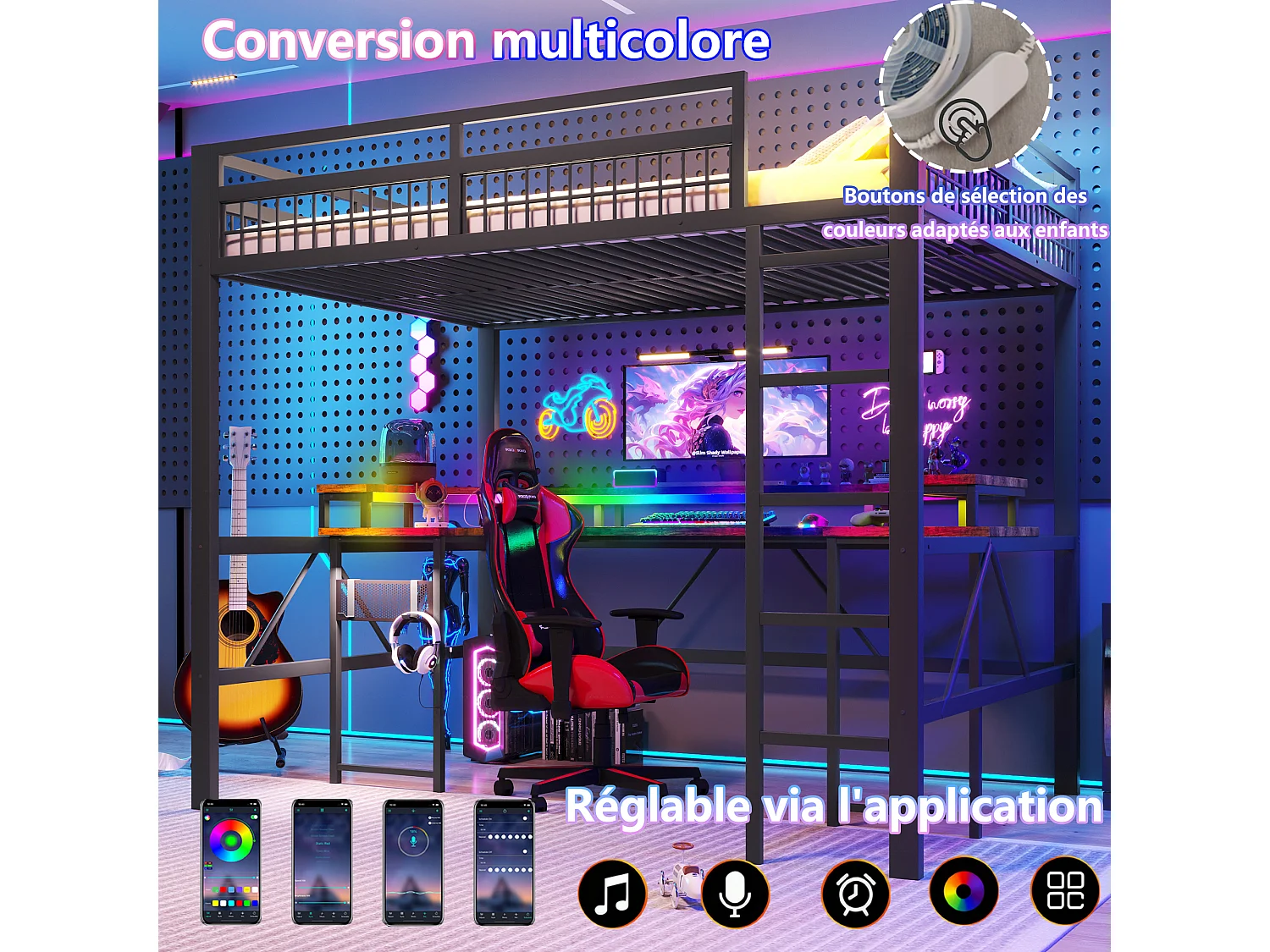 Lit mezzanine pour enfant - 140 x 200 cm - structure en fer - avec Leds + bureau + USB + prise - métal - noir