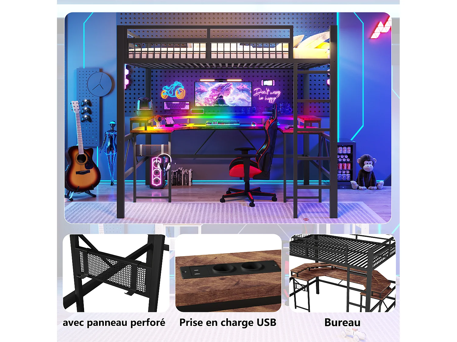 Lit mezzanine pour enfant - 140 x 200 cm - structure en fer - avec Leds + bureau + USB + prise - métal - noir