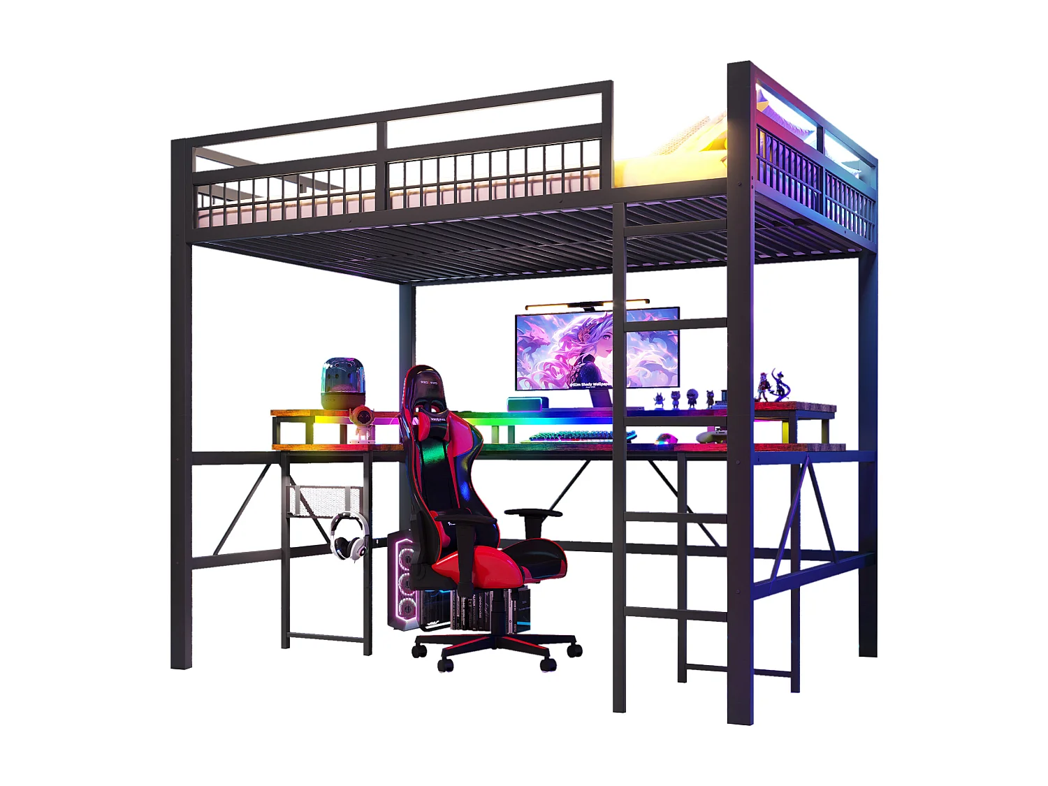 Lit mezzanine pour enfant - 140 x 200 cm - structure en fer - avec Leds + bureau + USB + prise - métal - noir