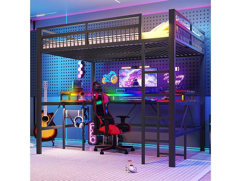 Lit mezzanine pour enfant - 140 x 200 cm - structure en fer - avec Leds + bureau + USB + prise - métal - noir