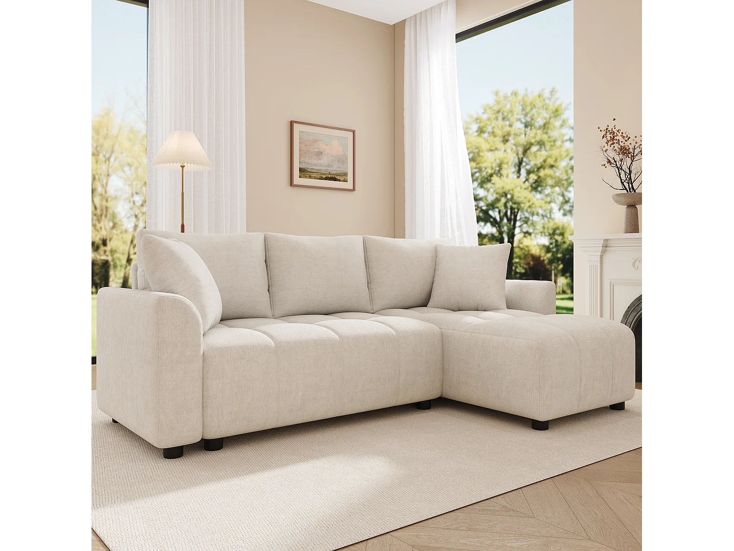 Nowoczesna sofa narożna 3-osobowa - 204 x 127 x 82,5 cm - z 2 poduszkami dekoracyjnymi - do salonu i sypialni - tkanina szenilowa - beżowa