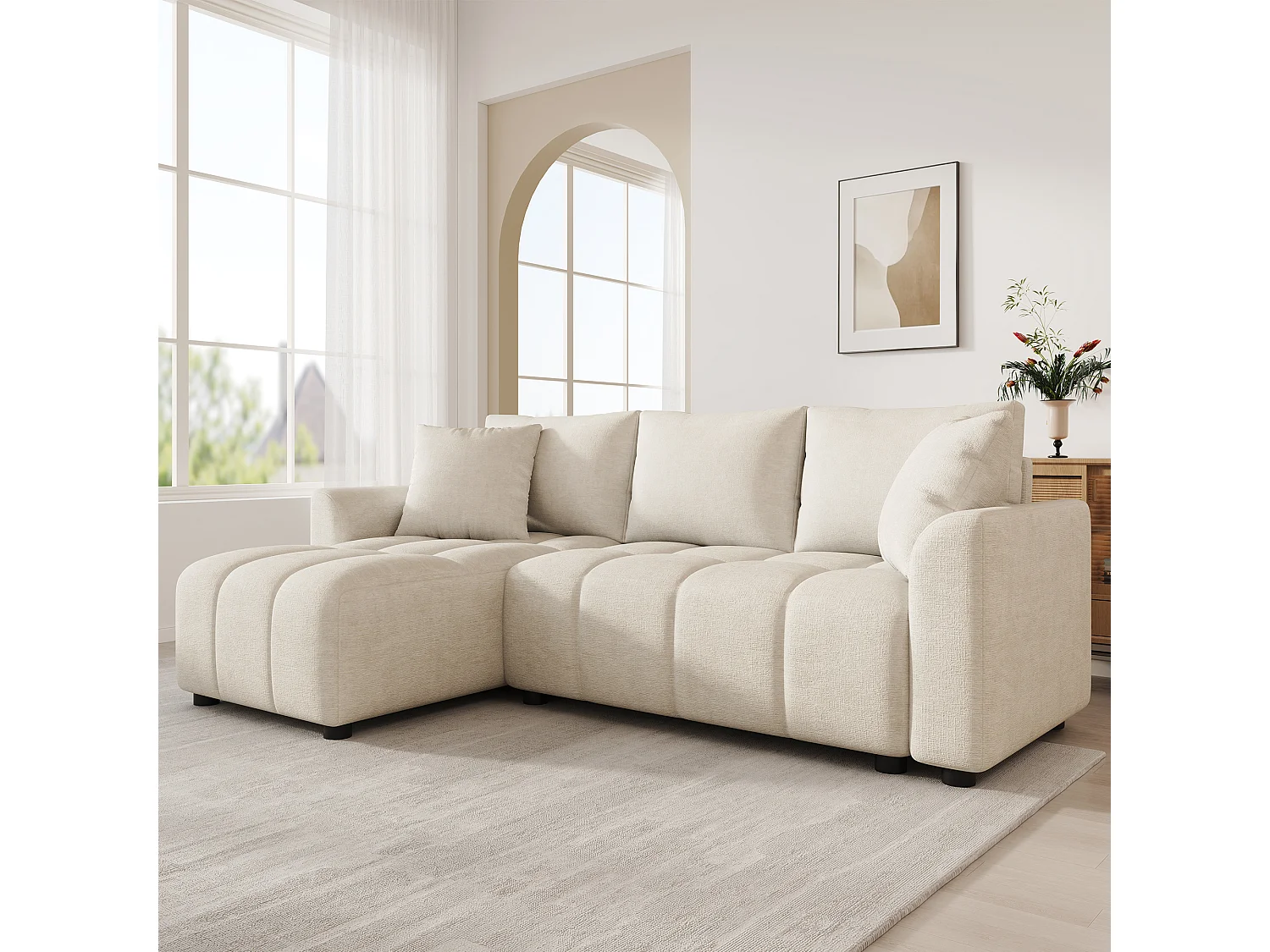 Nowoczesna sofa narożna 3-osobowa - 204 x 127 x 82,5 cm - z 2 poduszkami dekoracyjnymi - do salonu i sypialni - tkanina szenilowa - beżowa