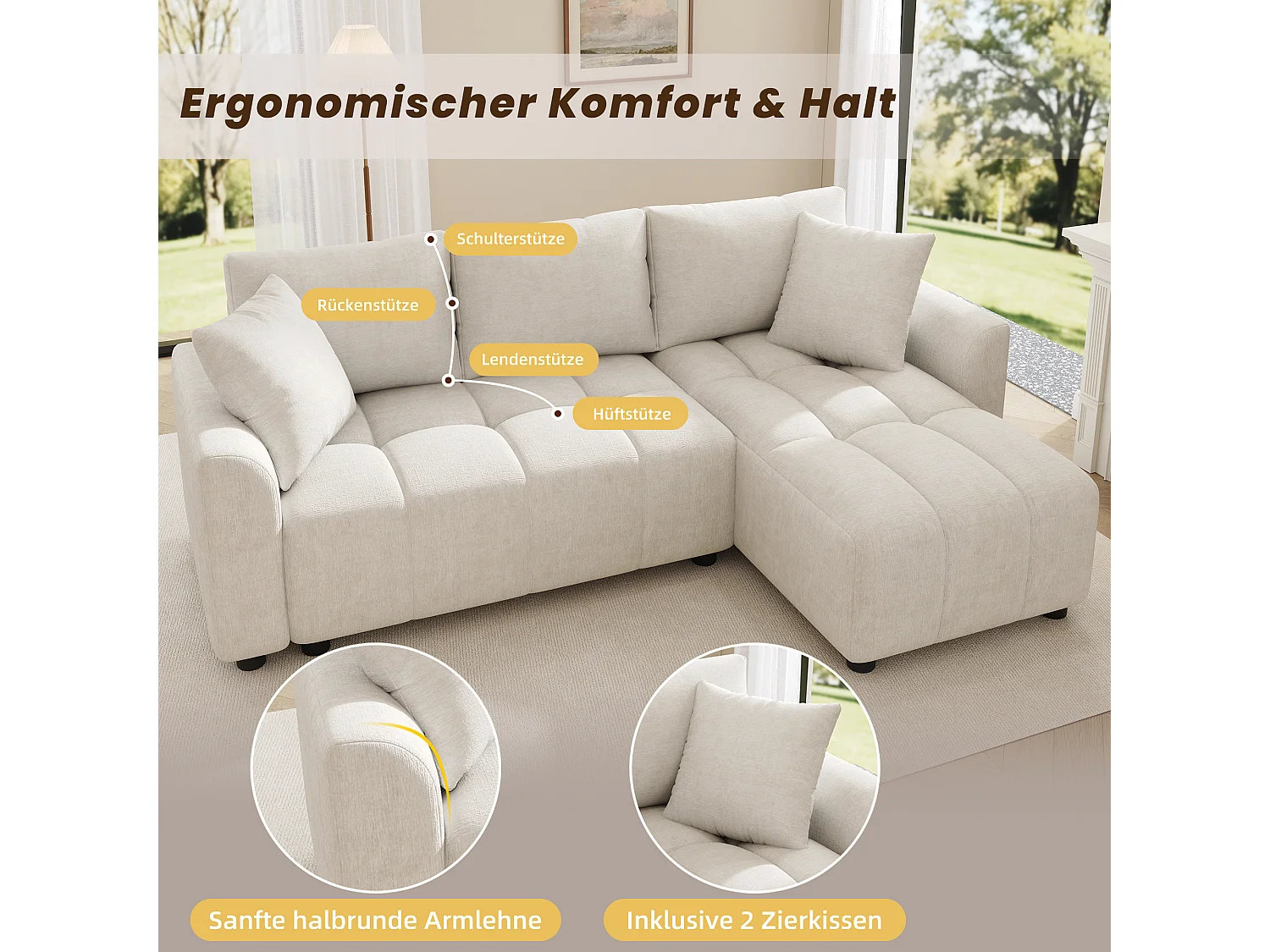 Nowoczesna sofa narożna 3-osobowa - 204 x 127 x 82,5 cm - z 2 poduszkami dekoracyjnymi - do salonu i sypialni - tkanina szenilowa - beżowa