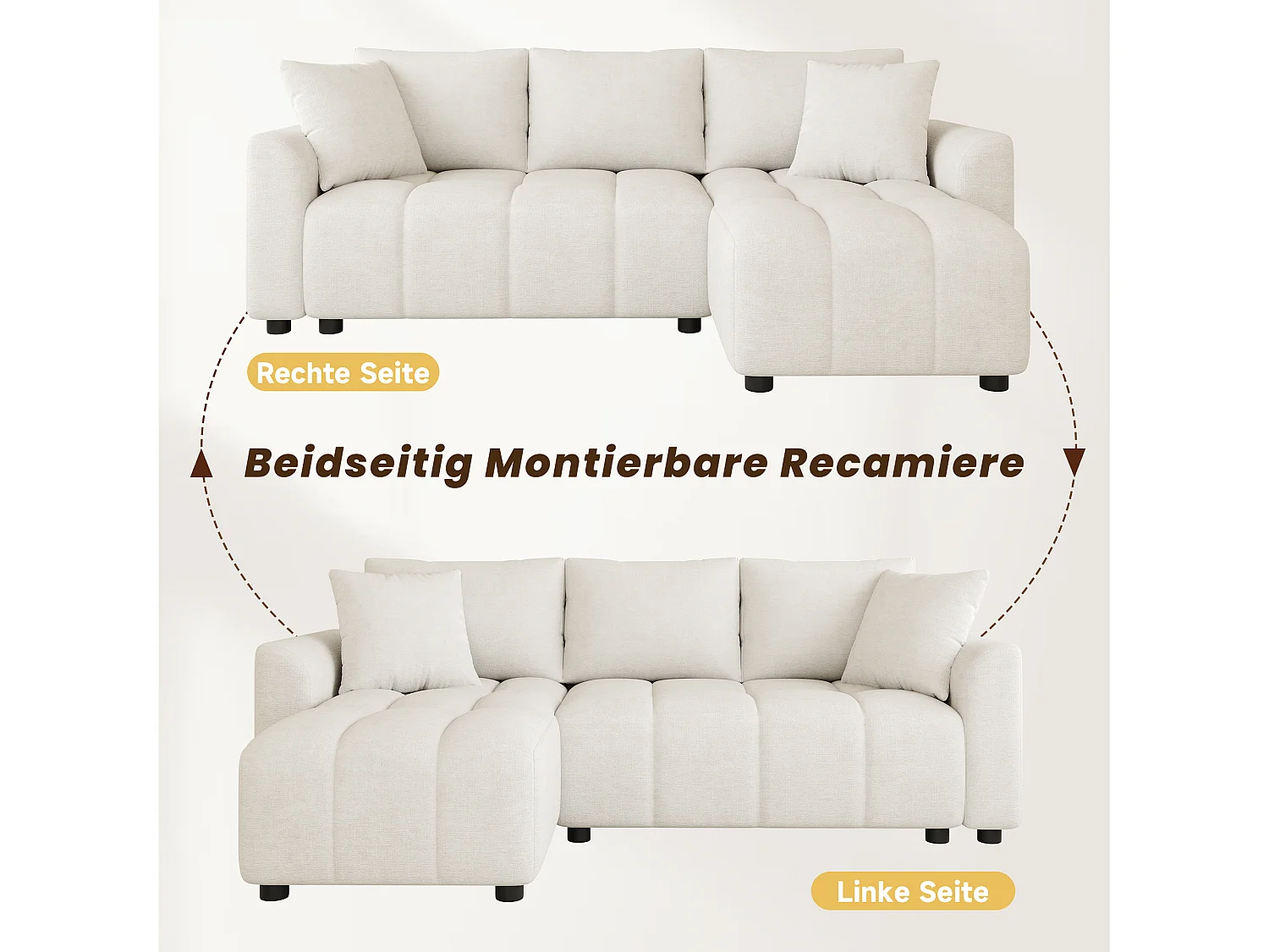 Nowoczesna sofa narożna 3-osobowa - 204 x 127 x 82,5 cm - z 2 poduszkami dekoracyjnymi - do salonu i sypialni - tkanina szenilowa - beżowa