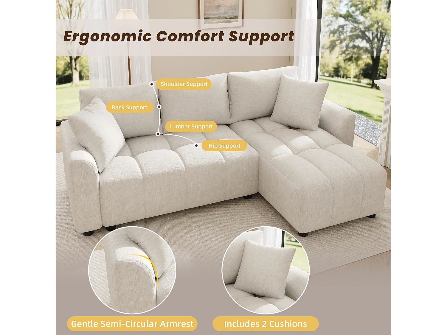 Nowoczesna sofa narożna 3-osobowa - 204 x 127 x 82,5 cm - z 2 poduszkami dekoracyjnymi - do salonu i sypialni - tkanina szenilowa - beżowa