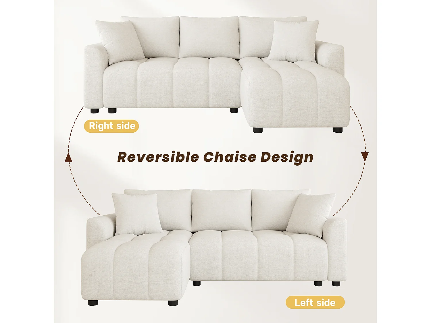 Nowoczesna sofa narożna 3-osobowa - 204 x 127 x 82,5 cm - z 2 poduszkami dekoracyjnymi - do salonu i sypialni - tkanina szenilowa - beżowa