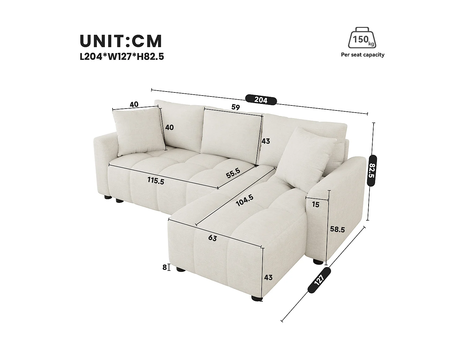 Nowoczesna sofa narożna 3-osobowa - 204 x 127 x 82,5 cm - z 2 poduszkami dekoracyjnymi - do salonu i sypialni - tkanina szenilowa - beżowa