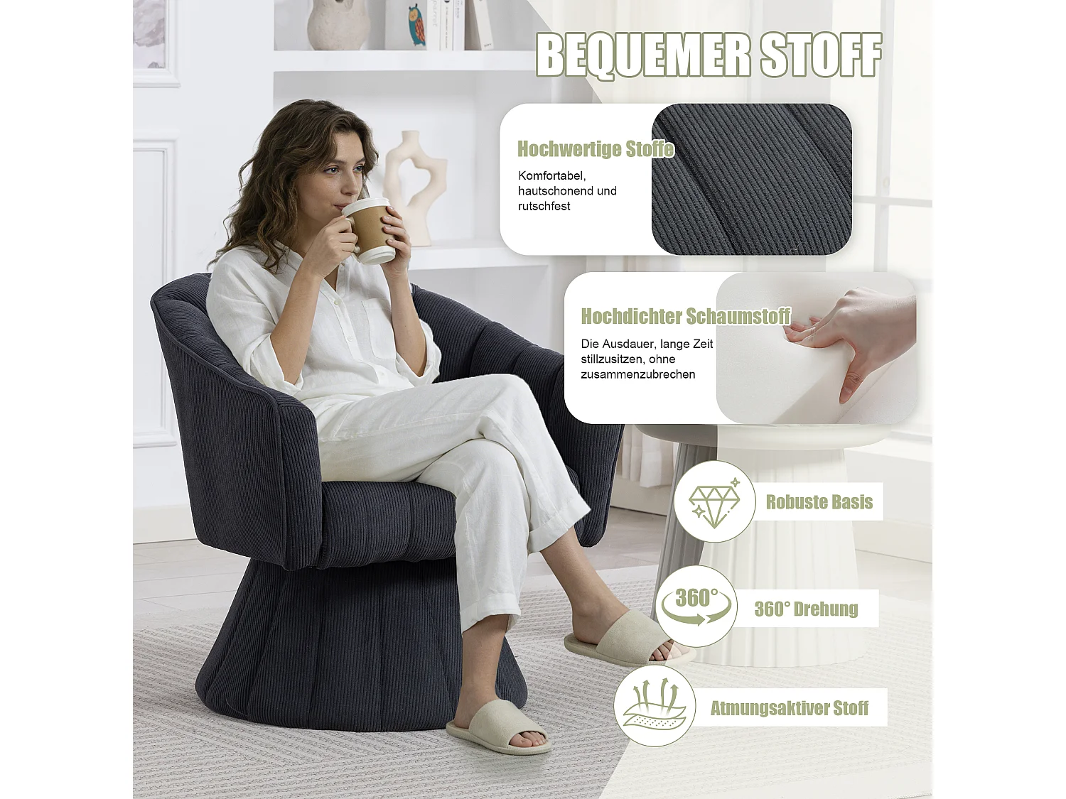 Fauteuil moderne pivotant à 360° - 70 x 66 x 72 cm - avec assise et dossier ergonomiques + accoudoirs - velours - gris foncé