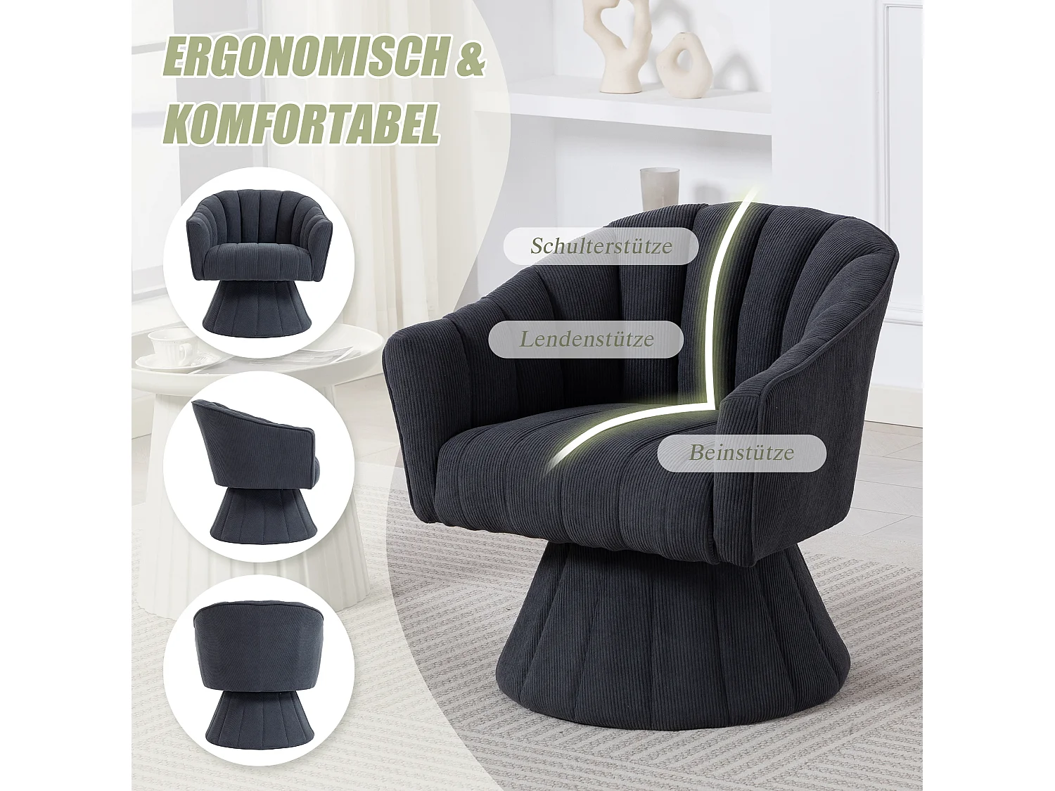 Fauteuil moderne pivotant à 360° - 70 x 66 x 72 cm - avec assise et dossier ergonomiques + accoudoirs - velours - gris foncé