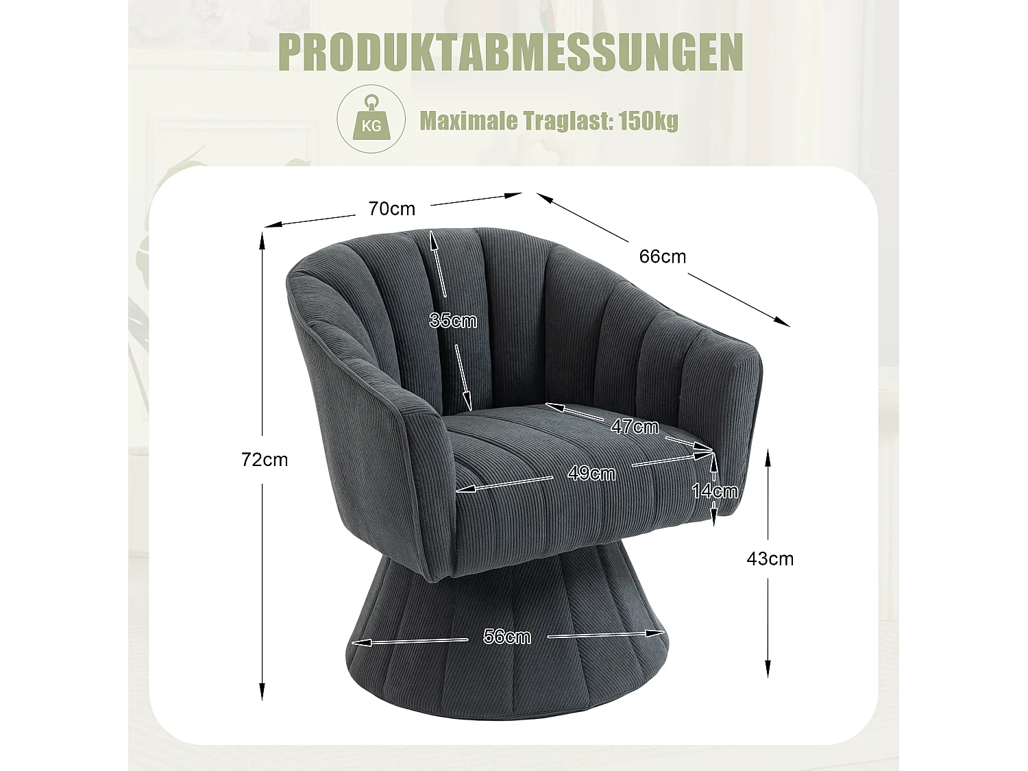 Fauteuil moderne pivotant à 360° - 70 x 66 x 72 cm - avec assise et dossier ergonomiques + accoudoirs - velours - gris foncé