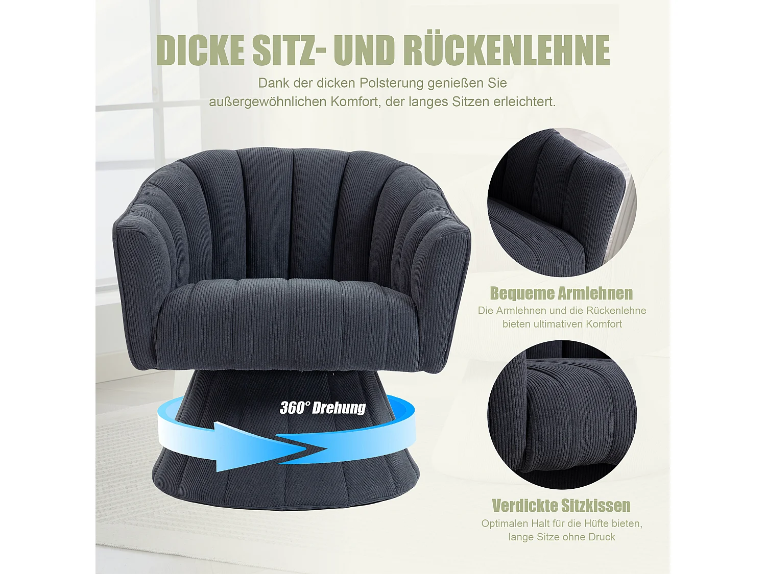 Fauteuil moderne pivotant à 360° - 70 x 66 x 72 cm - avec assise et dossier ergonomiques + accoudoirs - velours - gris foncé