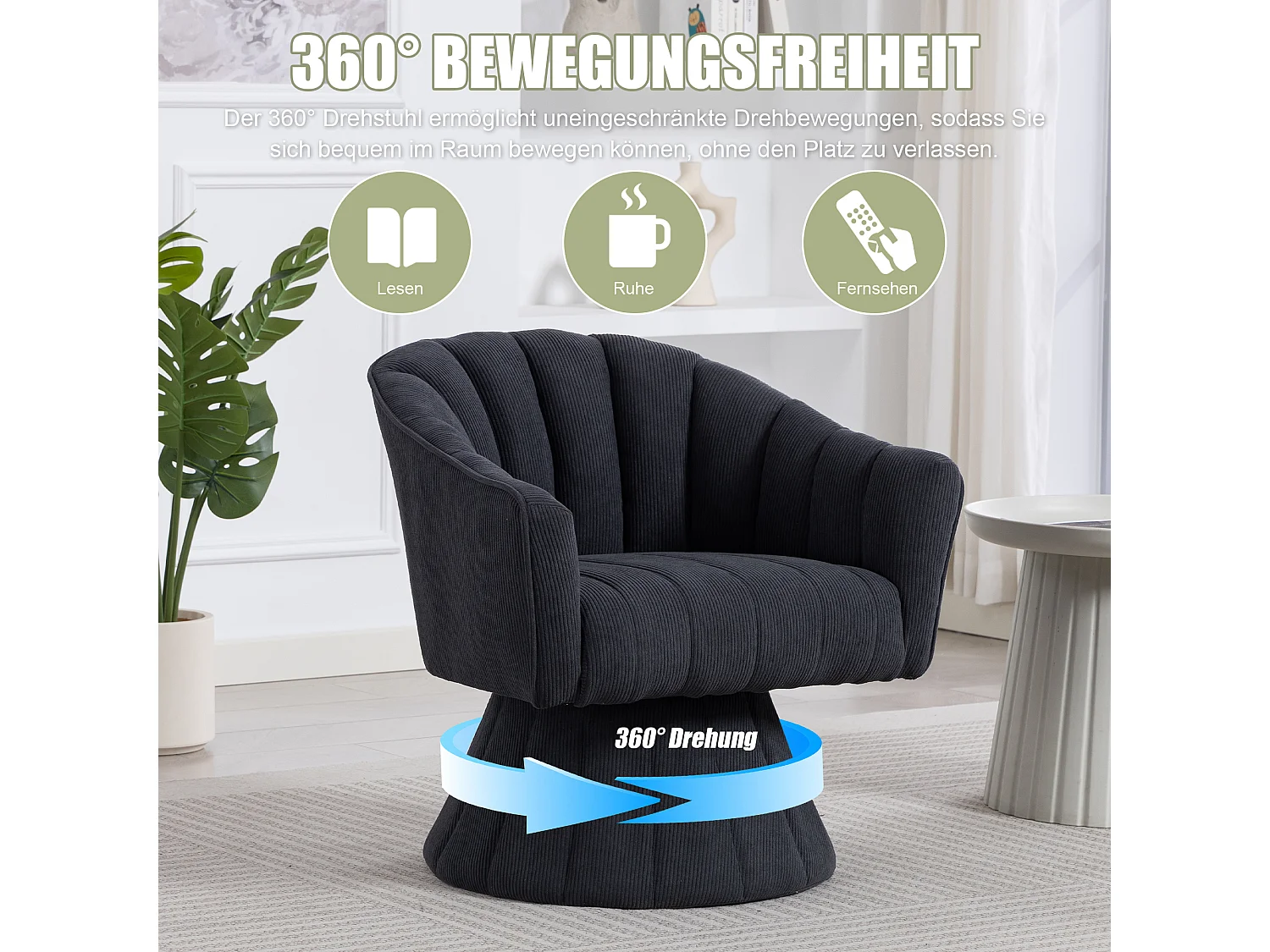 Fauteuil moderne pivotant à 360° - 70 x 66 x 72 cm - avec assise et dossier ergonomiques + accoudoirs - velours - gris foncé