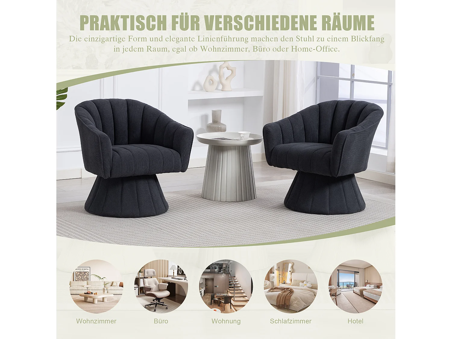 Fauteuil moderne pivotant à 360° - 70 x 66 x 72 cm - avec assise et dossier ergonomiques + accoudoirs - velours - gris foncé