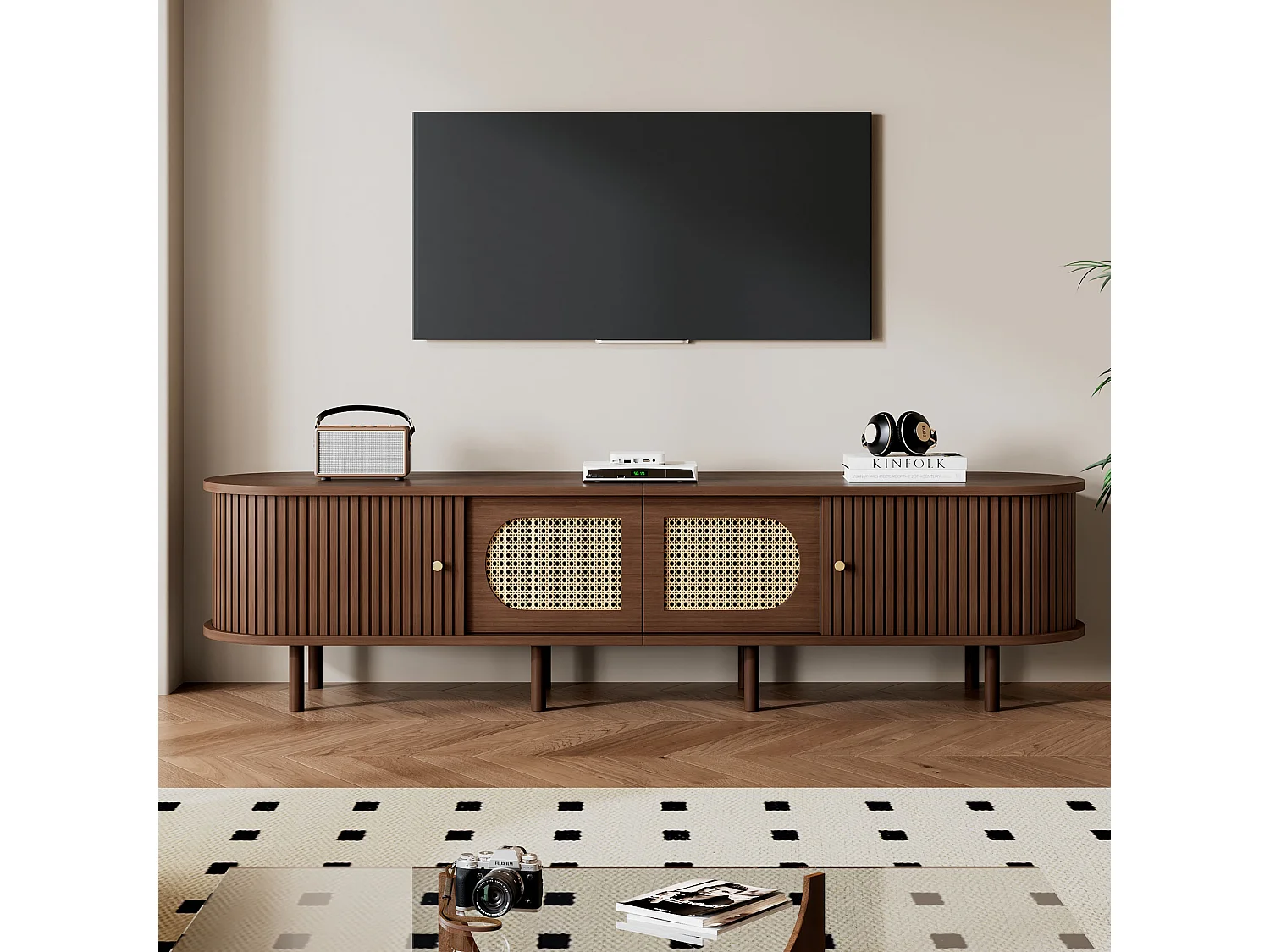 Ovaler TV-Ständer – 180 x 40 x 40 cm – Rattan-Design – mit 2 Schiebetüren + 2 Türen – MDF – braun