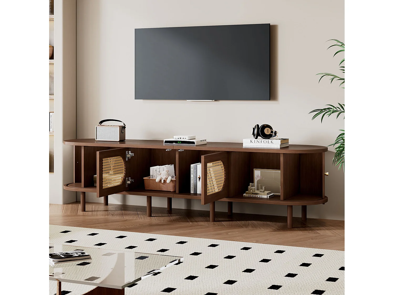 Ovaler TV-Ständer – 180 x 40 x 40 cm – Rattan-Design – mit 2 Schiebetüren + 2 Türen – MDF – braun
