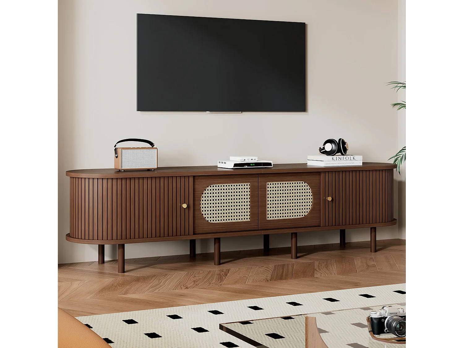 Ovaler TV-Ständer – 180 x 40 x 40 cm – Rattan-Design – mit 2 Schiebetüren + 2 Türen – MDF – braun