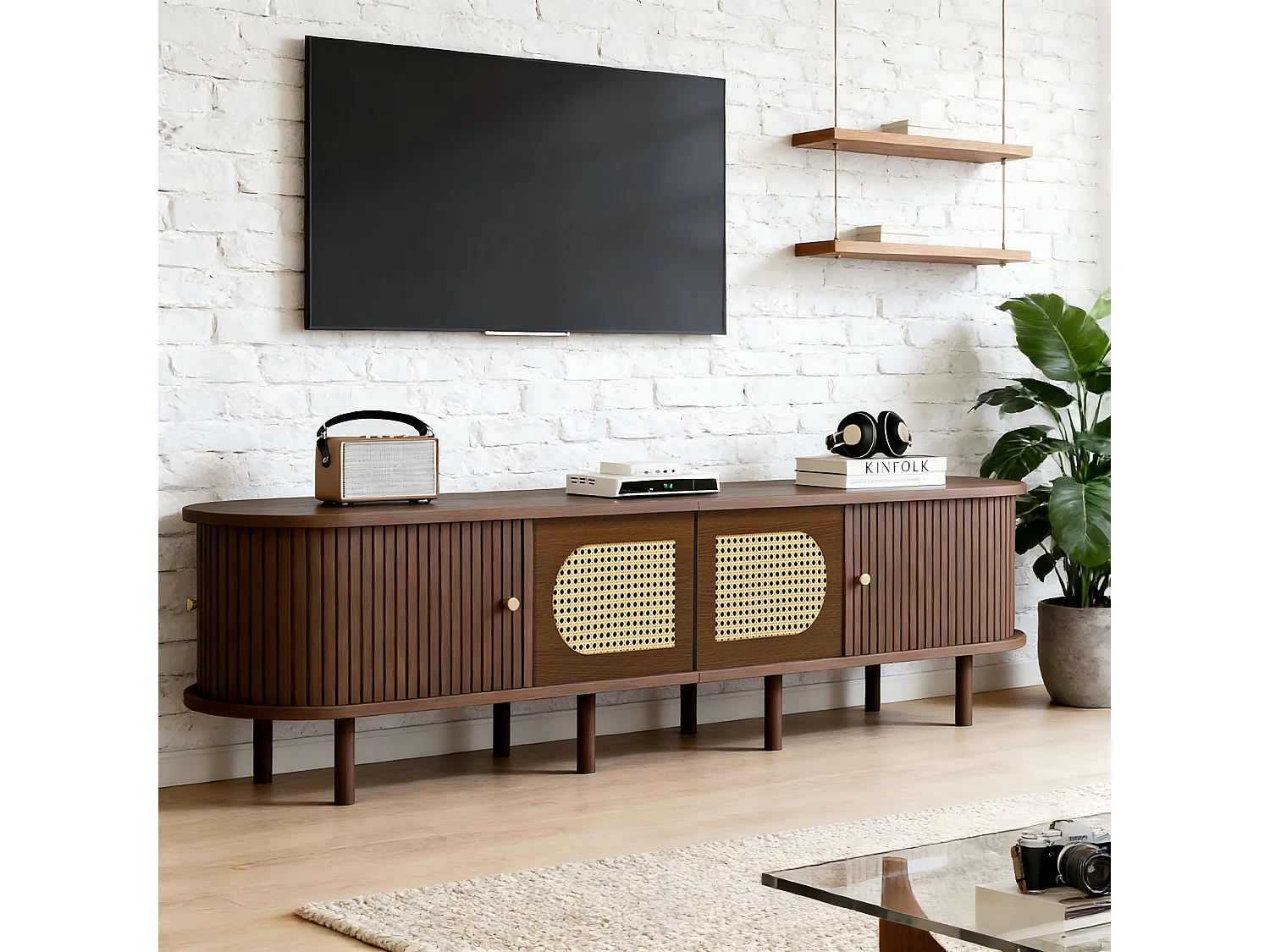 Ovaler TV-Ständer – 180 x 40 x 40 cm – Rattan-Design – mit 2 Schiebetüren + 2 Türen – MDF – braun