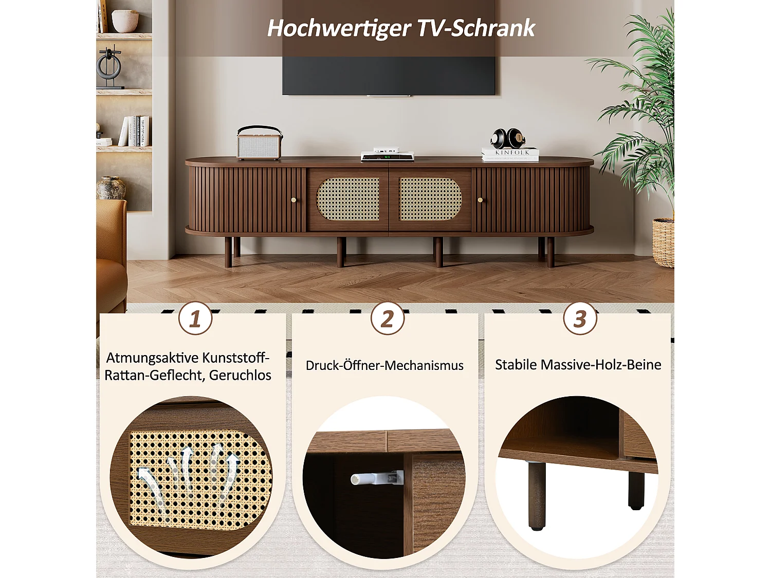 Ovaler TV-Ständer – 180 x 40 x 40 cm – Rattan-Design – mit 2 Schiebetüren + 2 Türen – MDF – braun