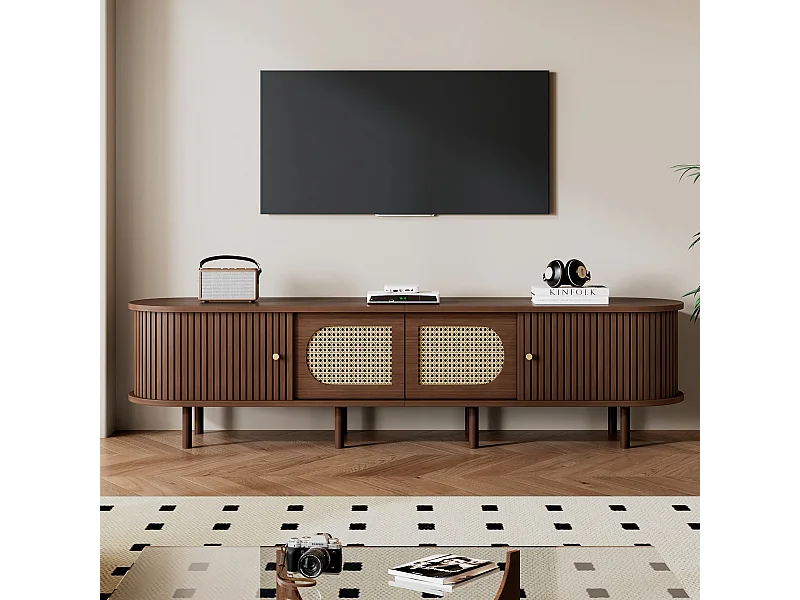 Ovaler TV-Ständer – 180 x 40 x 40 cm – Rattan-Design – mit 2 Schiebetüren + 2 Türen – MDF – braun