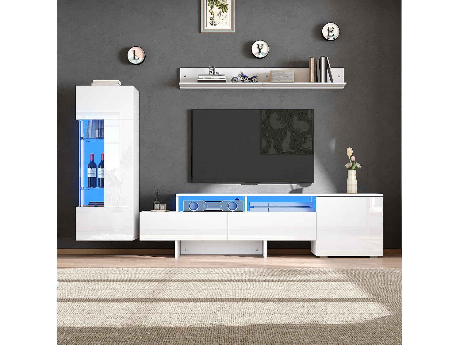 Ensemble de meuble TV haute brillance mural 3 pièces - meuble TV + meuble mural + étagère mural - avec Leds - aggloméré - blanc