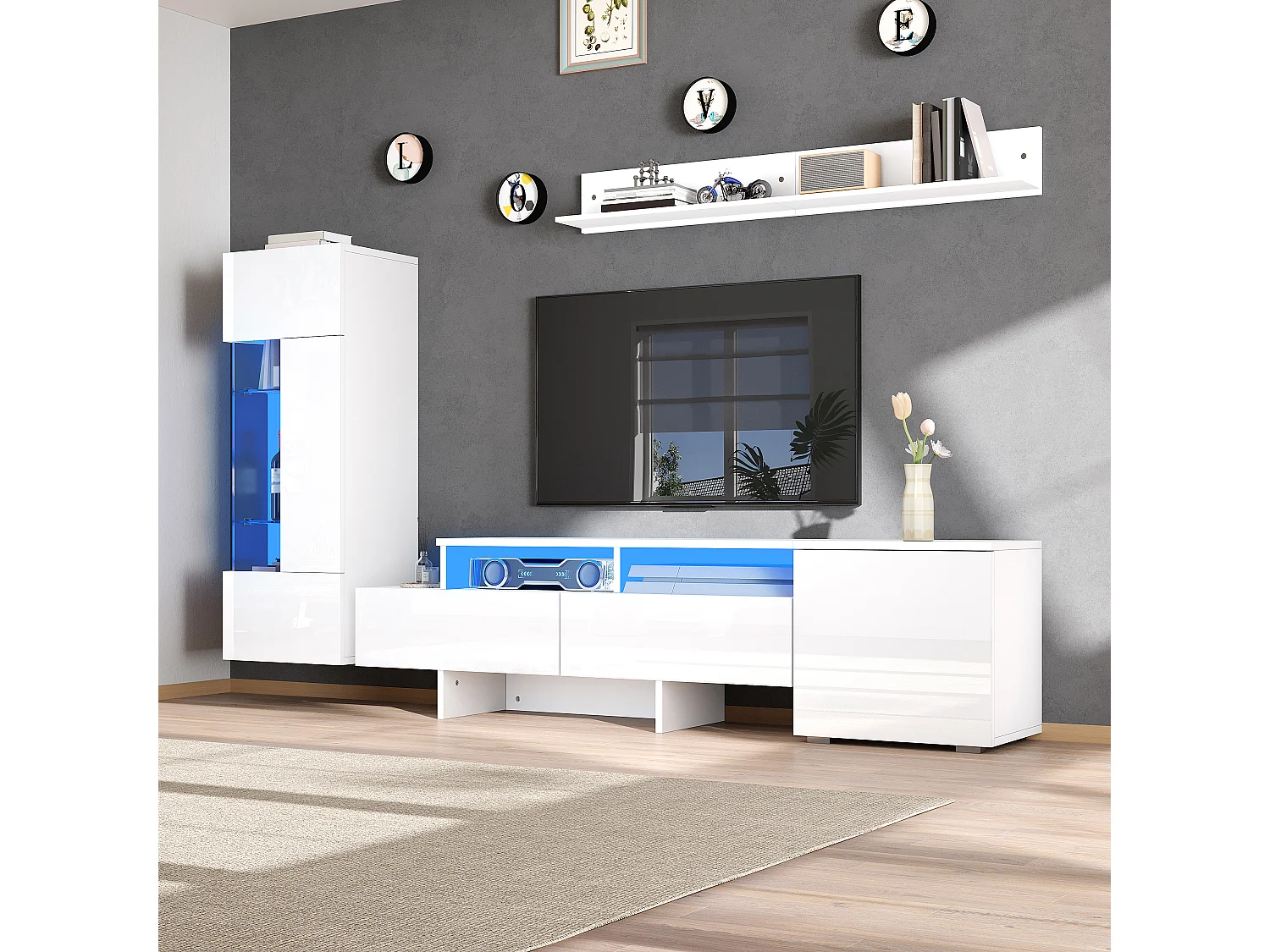 Ensemble de meuble TV haute brillance mural 3 pièces - meuble TV + meuble mural + étagère mural - avec Leds - aggloméré - blanc