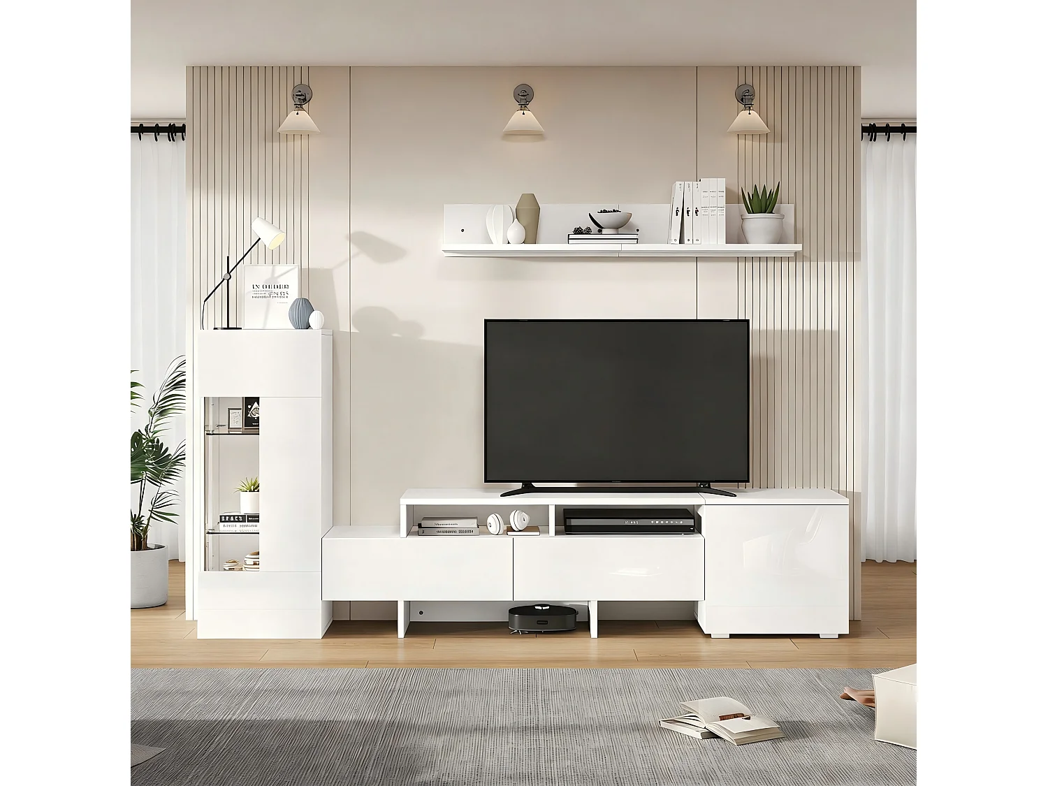 Ensemble de meuble TV haute brillance mural 3 pièces - meuble TV + meuble mural + étagère mural - avec Leds - aggloméré - blanc