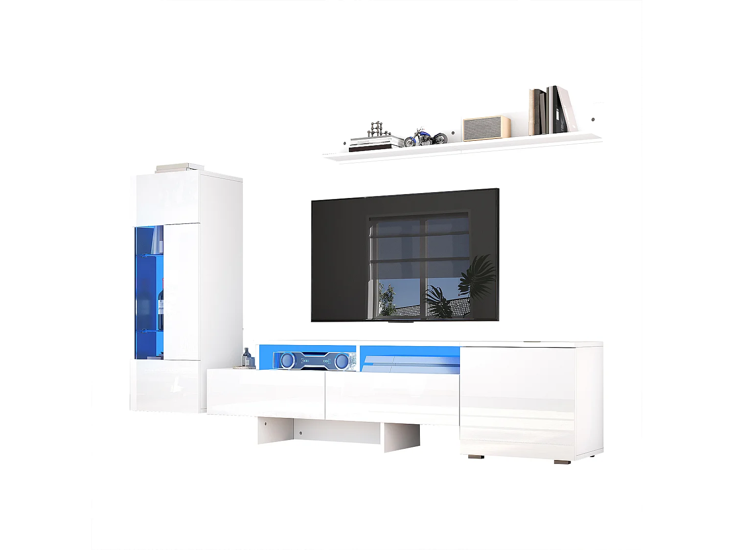 Ensemble de meuble TV haute brillance mural 3 pièces - meuble TV + meuble mural + étagère mural - avec Leds - aggloméré - blanc