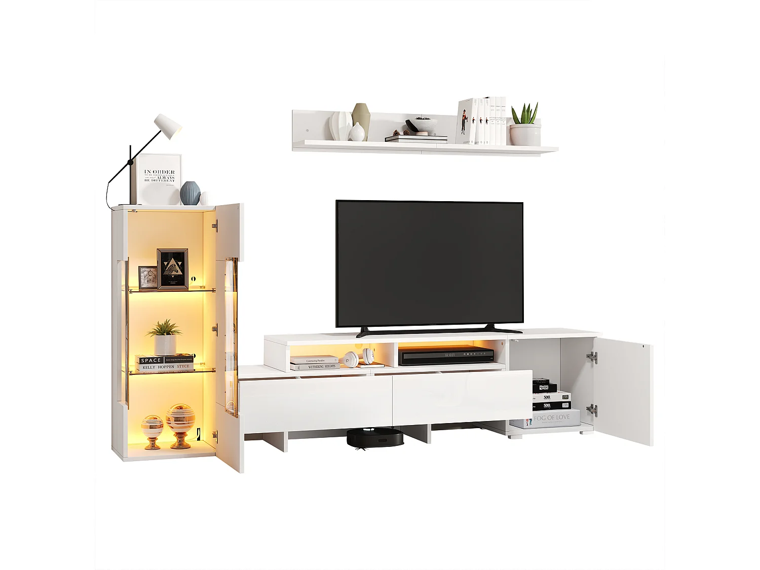 Ensemble de meuble TV haute brillance mural 3 pièces - meuble TV + meuble mural + étagère mural - avec Leds - aggloméré - blanc