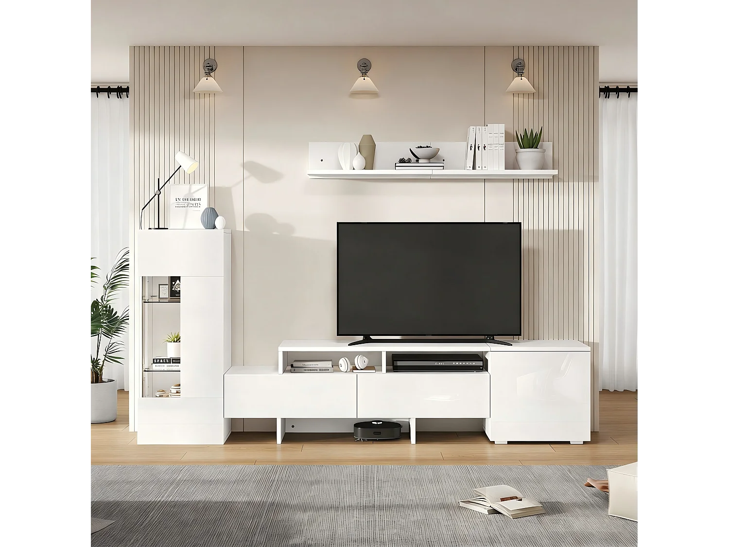 Ensemble de meuble TV haute brillance mural 3 pièces - meuble TV + meuble mural + étagère mural - avec Leds - aggloméré - blanc