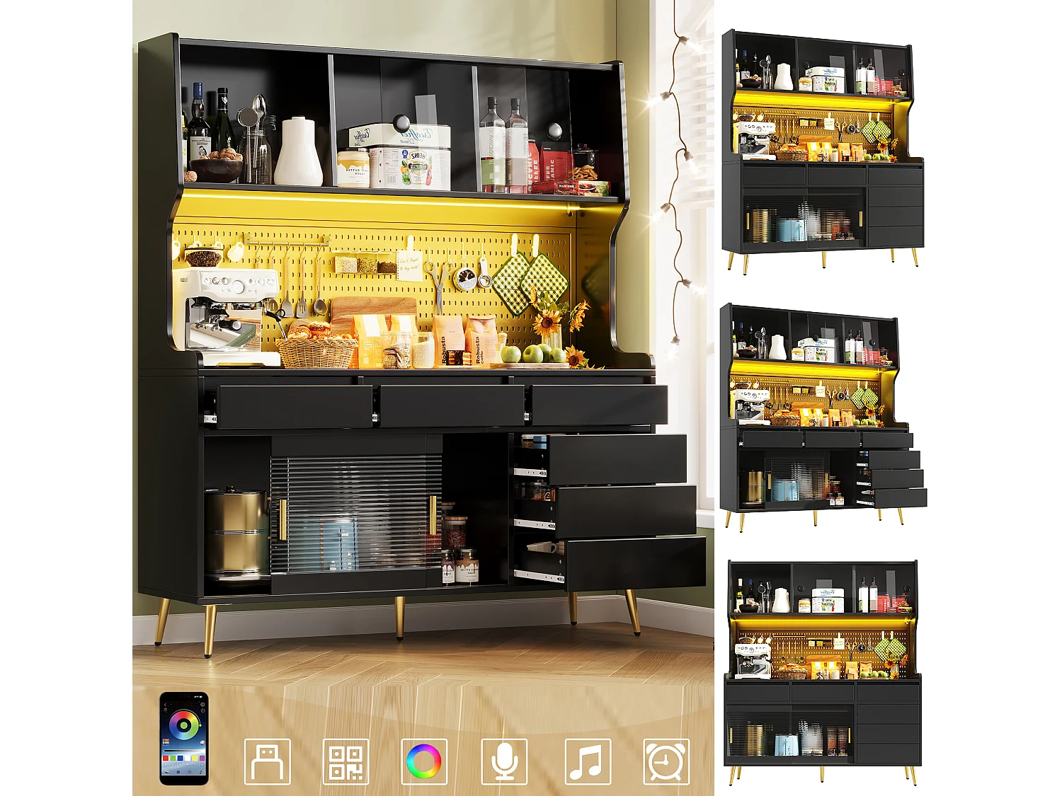 Nowoczesna komoda kuchenna - 145 x 39 x 171 cm - z diodami LED + 6 szuflad + drzwi + półka i perforowana ścianka - MDF + szkło - czarna