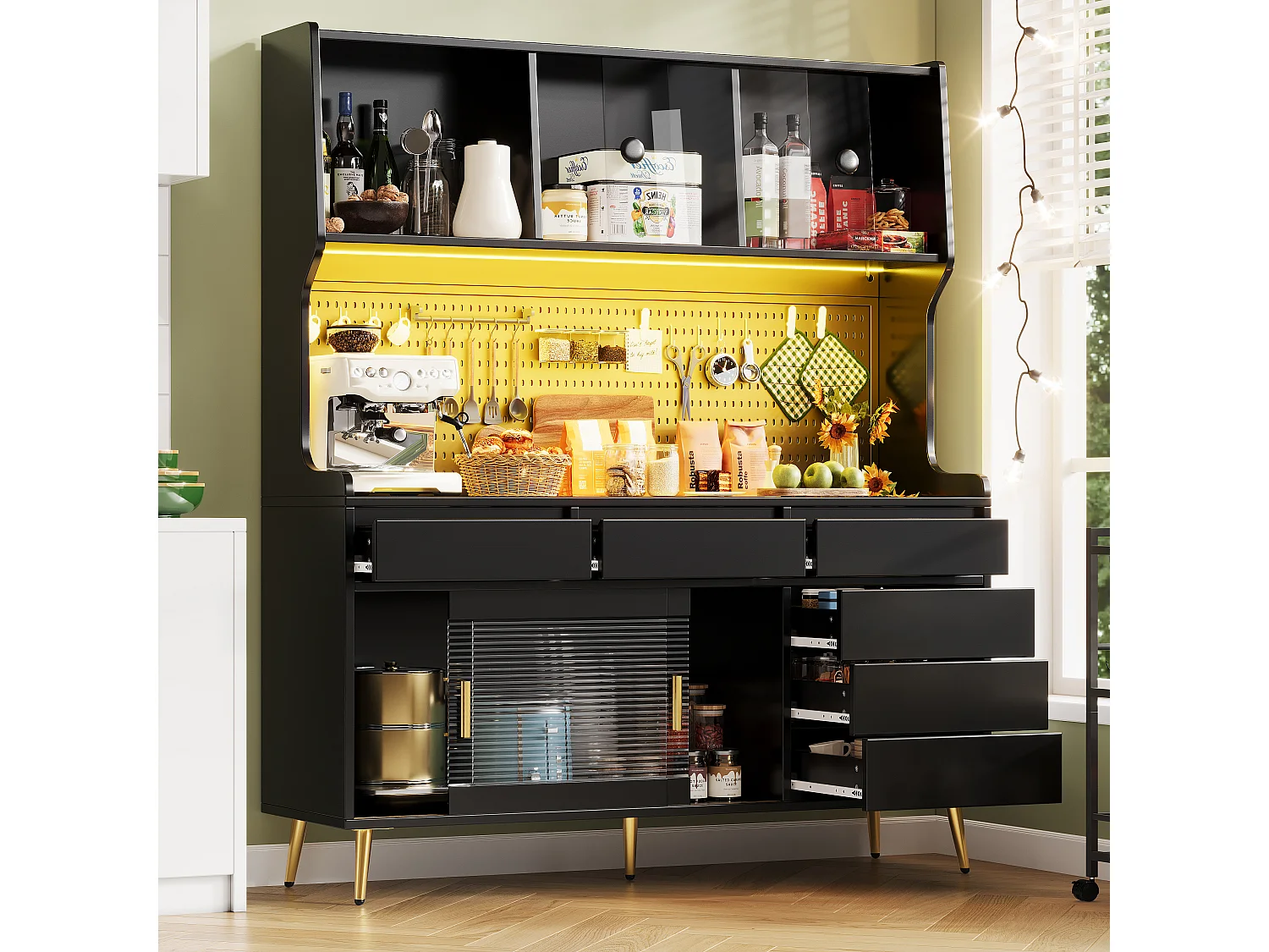 Nowoczesna komoda kuchenna - 145 x 39 x 171 cm - z diodami LED + 6 szuflad + drzwi + półka i perforowana ścianka - MDF + szkło - czarna