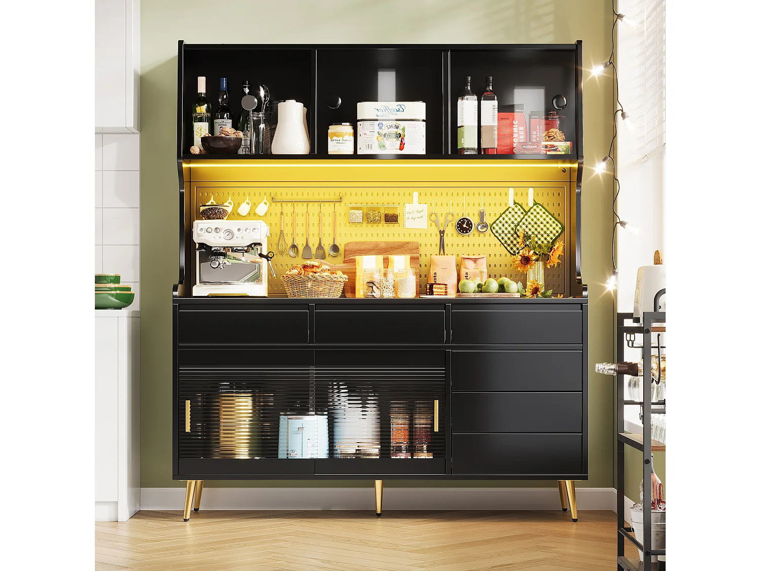 Nowoczesna komoda kuchenna - 145 x 39 x 171 cm - z diodami LED + 6 szuflad + drzwi + półka i perforowana ścianka - MDF + szkło - czarna