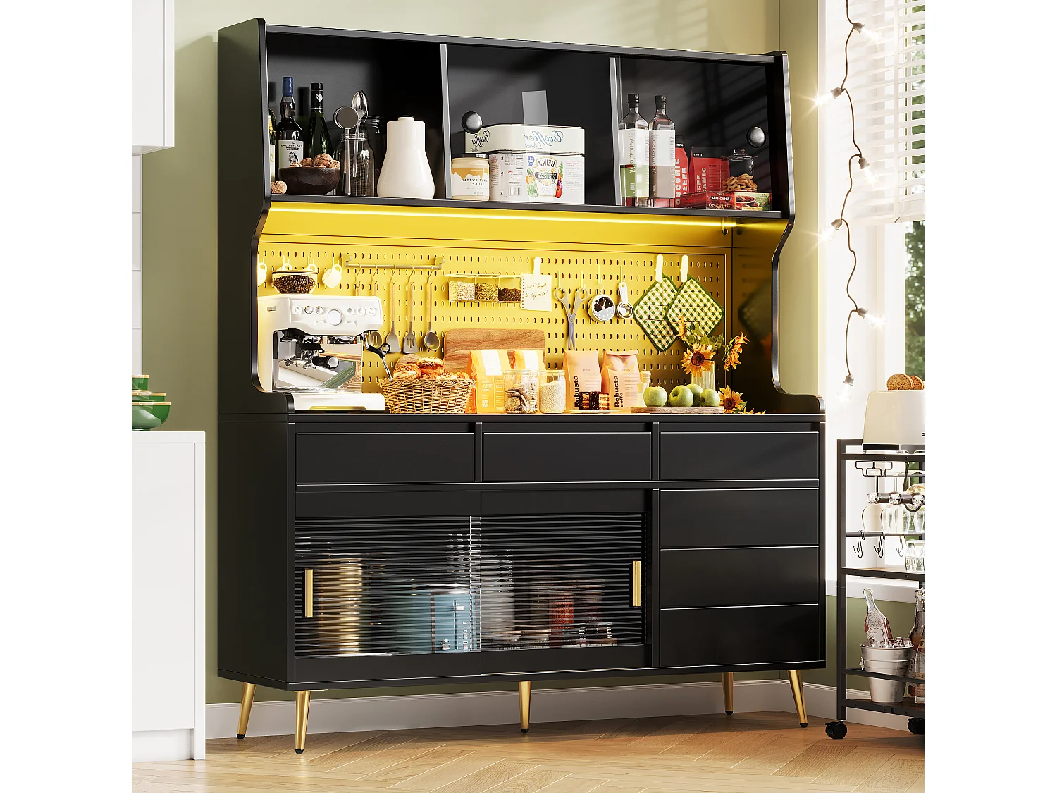 Nowoczesna komoda kuchenna - 145 x 39 x 171 cm - z diodami LED + 6 szuflad + drzwi + półka i perforowana ścianka - MDF + szkło - czarna